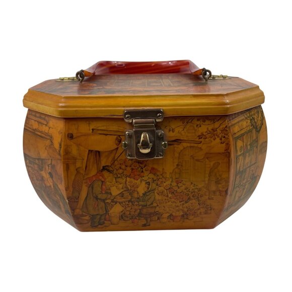 Anton Pieck Handbags - Anton Pieck Scenic Decoupage Wooden Purse With Lucite Handle